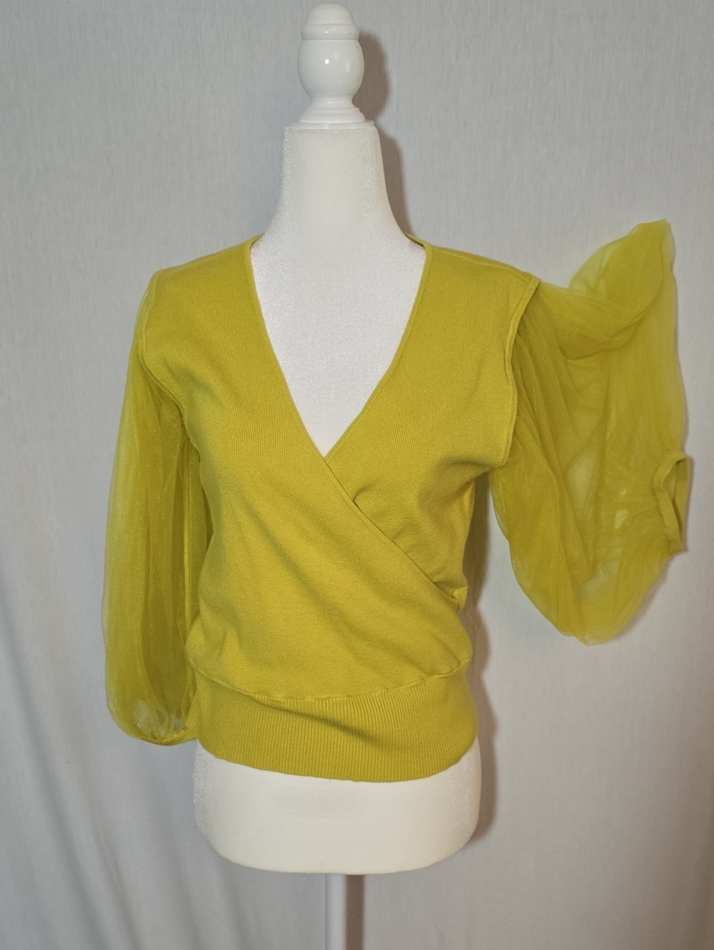 New York & Company Chartreuse Wrap Blouse with Sheer Balloon Sleeves